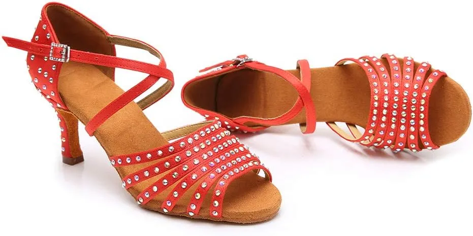 JUODVMPLatin Dance Practice Shoes Women's Satin Heels Latin with Rhinestone Dance Shoes Heels,Model D611