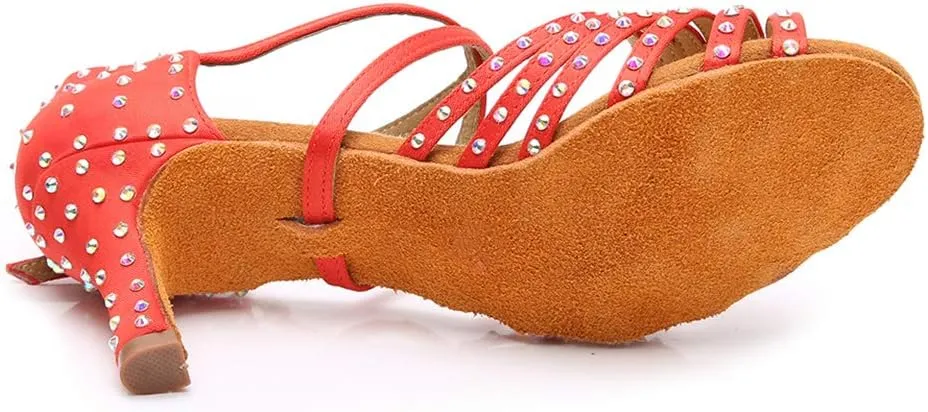 JUODVMPLatin Dance Practice Shoes Women's Satin Heels Latin with Rhinestone Dance Shoes Heels,Model D611
