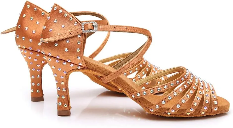 JUODVMPLatin Dance Practice Shoes Women's Satin Heels Latin with Rhinestone Dance Shoes Heels,Model D611