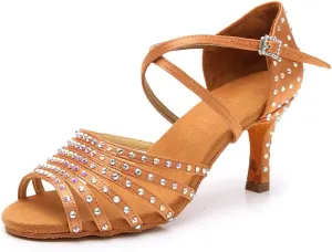 JUODVMPLatin Dance Practice Shoes Women's Satin Heels Latin with Rhinestone Dance Shoes Heels,Model D611