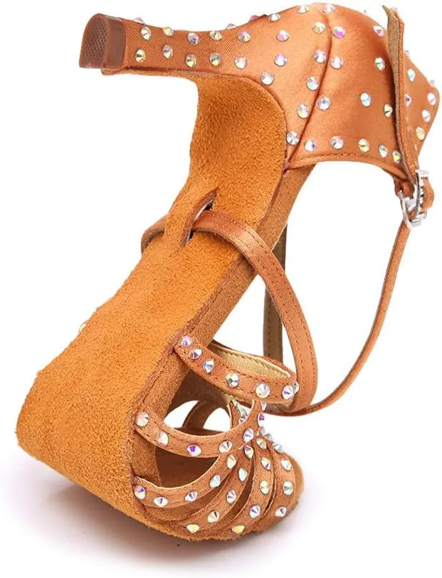 JUODVMPLatin Dance Practice Shoes Women's Satin Heels Latin with Rhinestone Dance Shoes Heels,Model D611