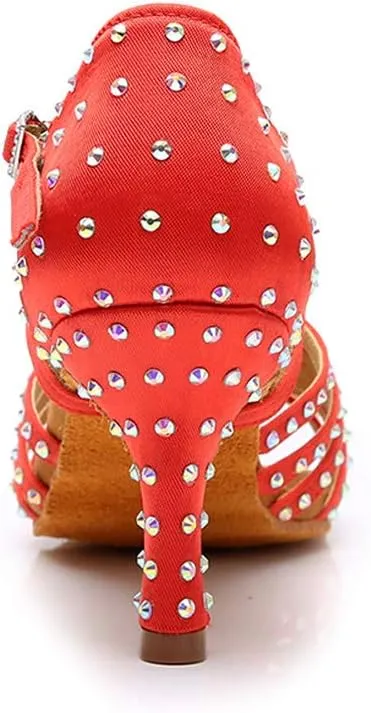 JUODVMPLatin Dance Practice Shoes Women's Satin Heels Latin with Rhinestone Dance Shoes Heels,Model D611