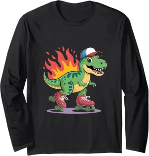 Kawaii Dinosaur In Roller Skate Shoes Cute Roller Skating Long Sleeve T-Shirt
