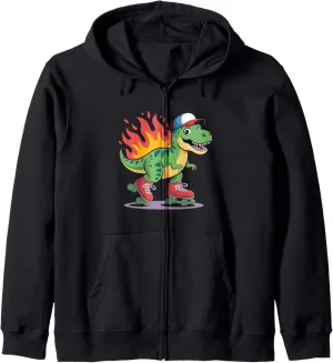 Kawaii Dinosaur In Roller Skate Shoes Cute Roller Skating Zip Hoodie