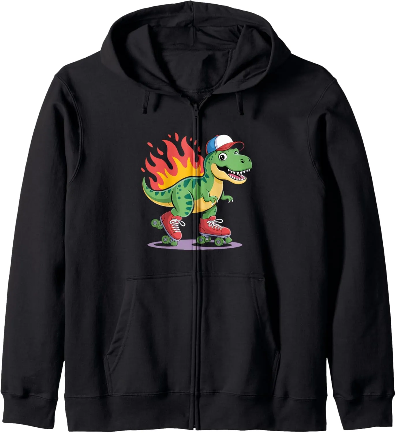 Kawaii Dinosaur In Roller Skate Shoes Cute Roller Skating Zip Hoodie