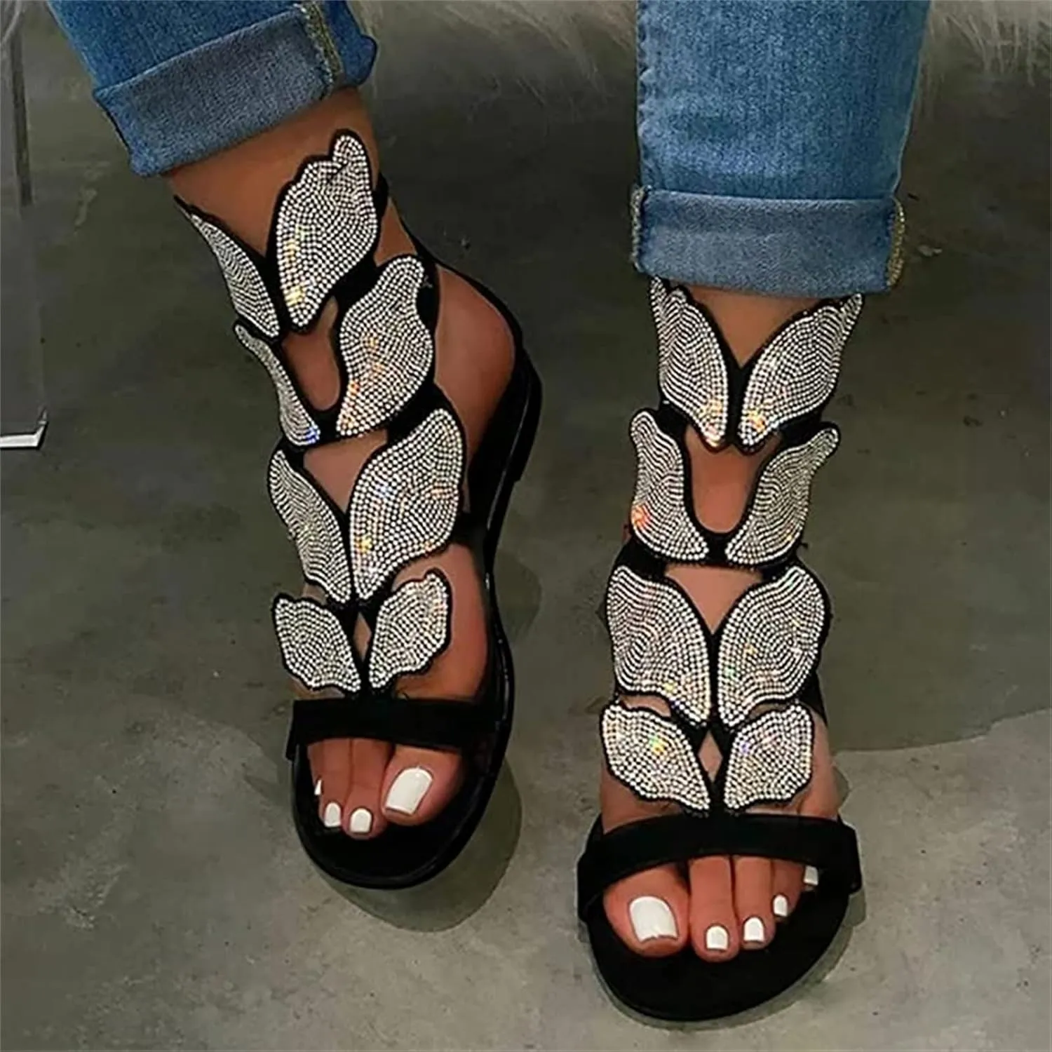 Ladmiple Sandals for Women 2023 Dressy Summer Fashion Strappy Crystal Sandal Casual Beach Party Open Toe Slipppers Shoes