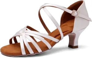 Latin Dance Shoes for Women, Satin Professional Ballroom Salsa Practice Performance Dance Shoes, Suede Sole (Color : White 5cm, Size : 5)