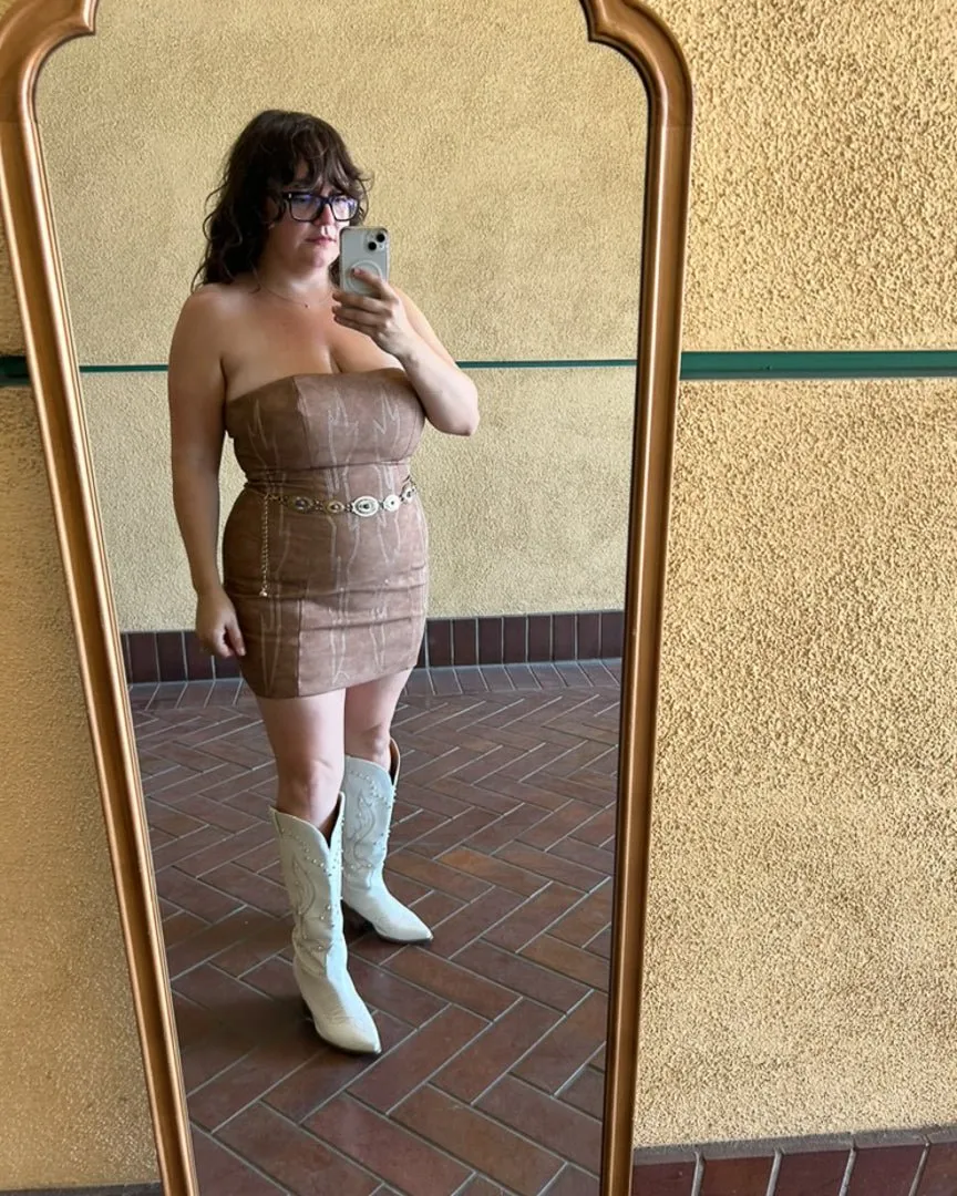 Light Brown Backless Faux Leather Western Embroidered Mini Dress