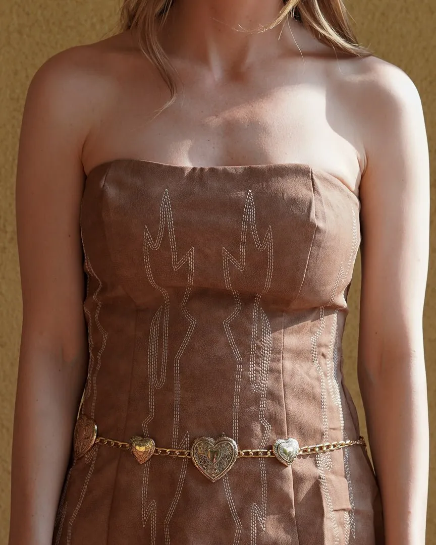 Light Brown Backless Faux Leather Western Embroidered Mini Dress