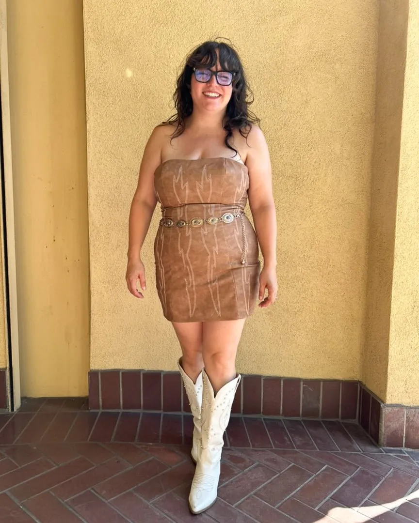Light Brown Backless Faux Leather Western Embroidered Mini Dress
