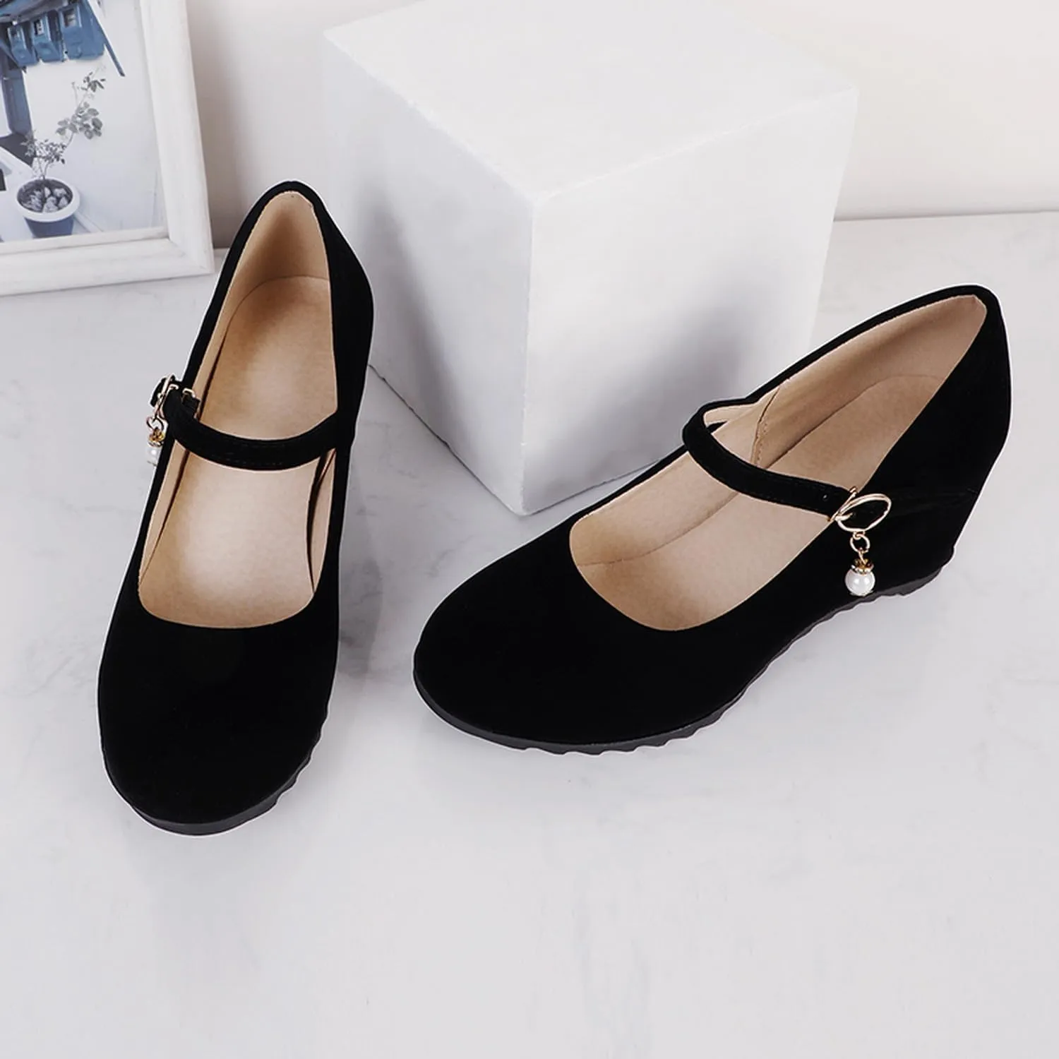 LISYIIZ Women's PS349 Closed Toe Tuxedo Dance Ballroom Suede Mid Wedge Pumps