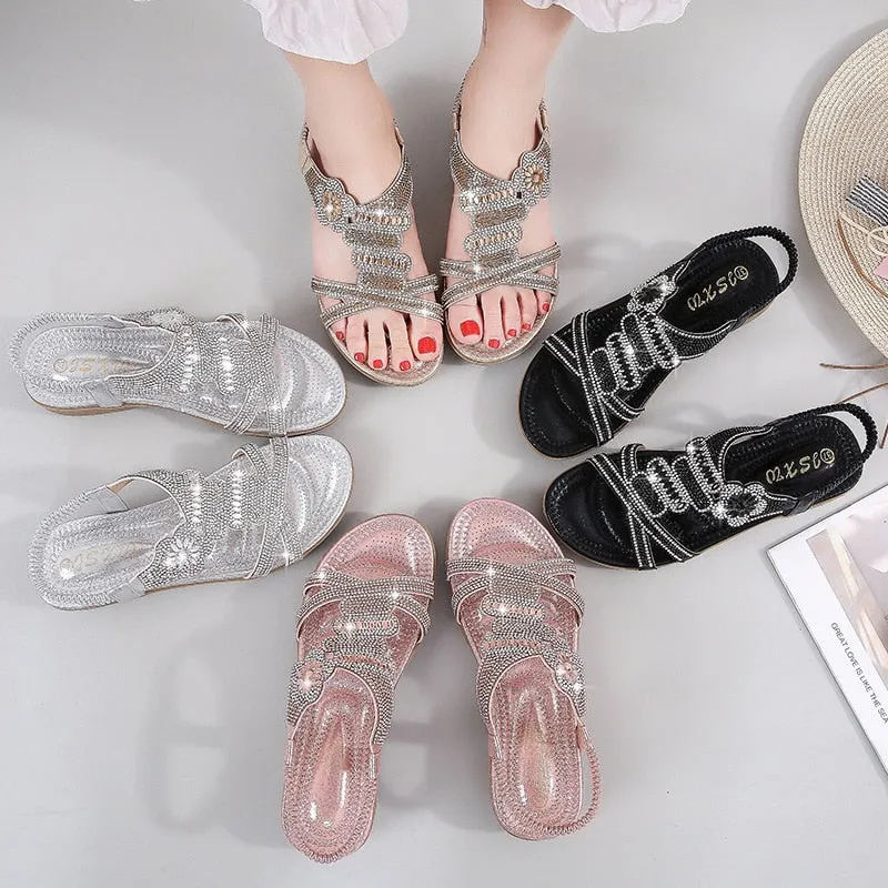 Nanccy Flat Bottom Large Size Fashion  Silver Gold Party Diamonds  Sandals