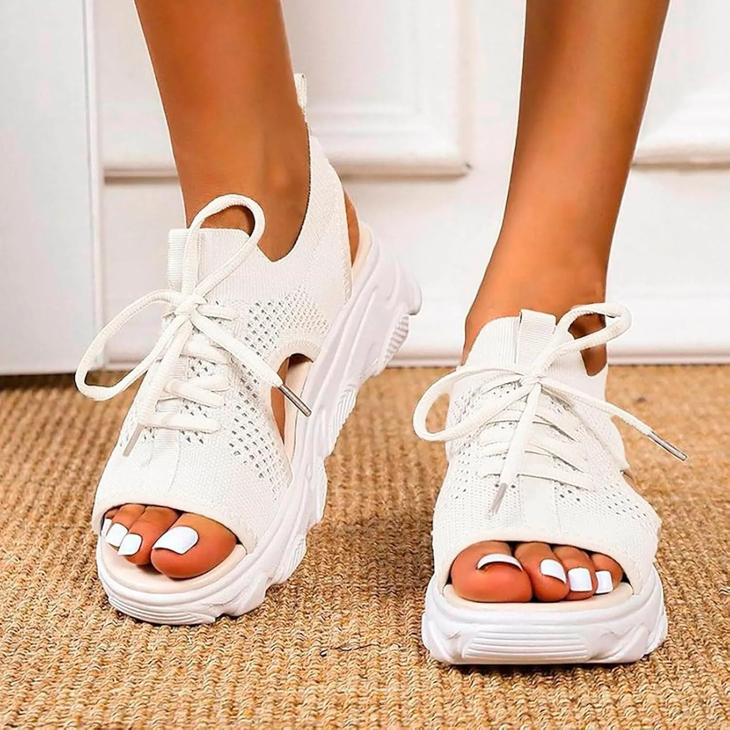 Orthopedic Wedge Sandals for Women Non Slip Cutout Lace-Up Muffin Sandals for Women Recovery Sport Outdoor Hiking Water Sandal Comfortable Outdoor Shoes