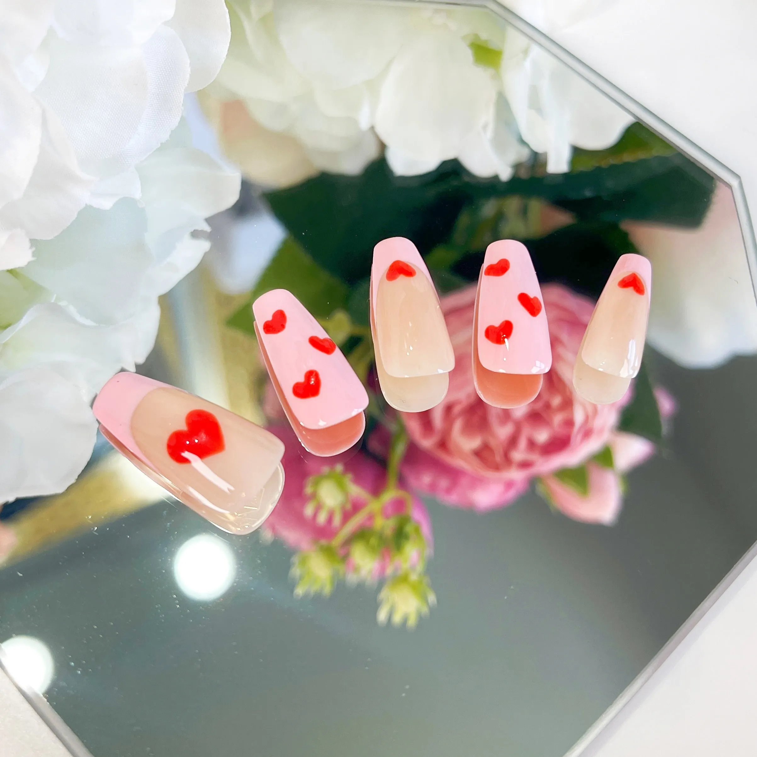 PO013 cute pink heart french tip coffin press on nails