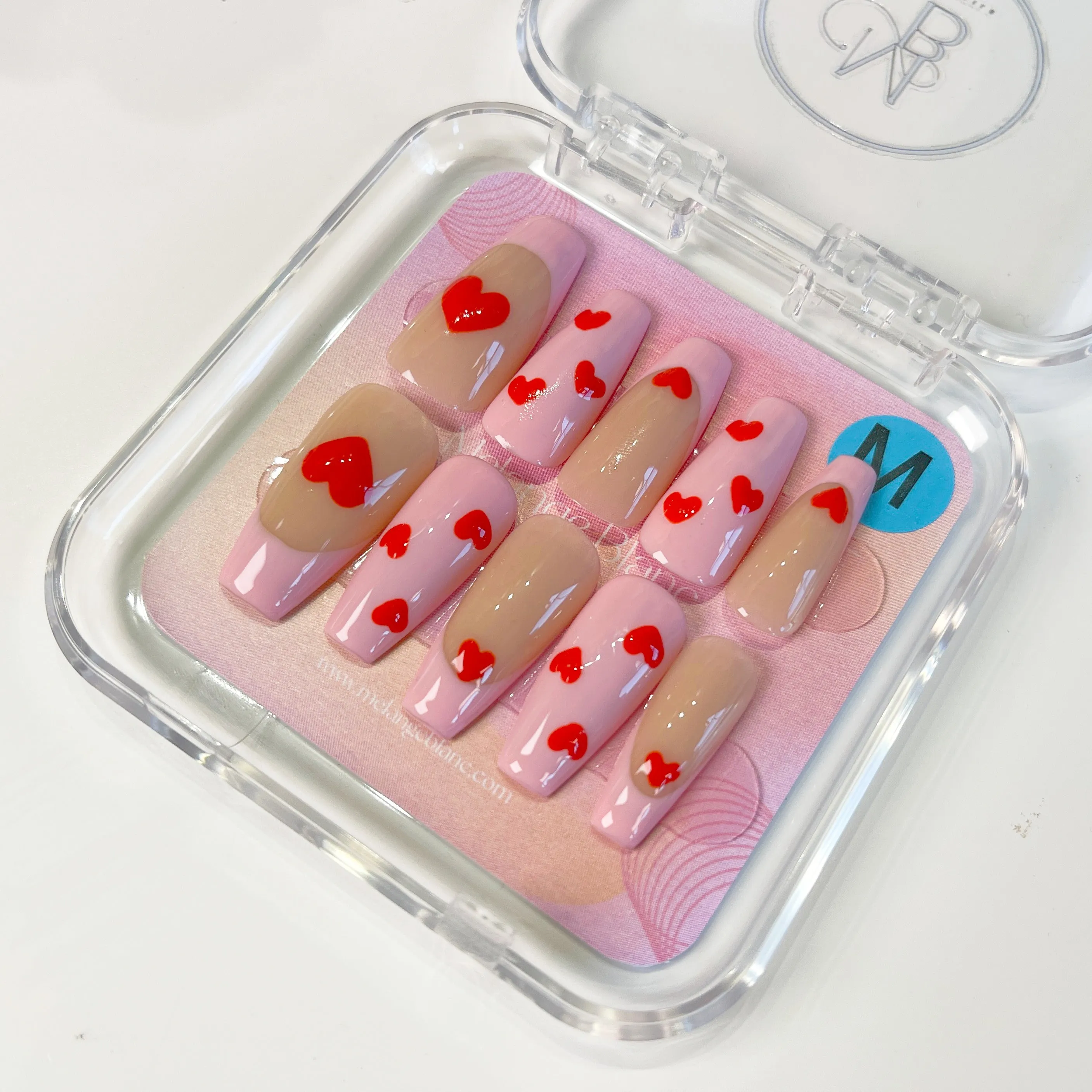 PO013 cute pink heart french tip coffin press on nails