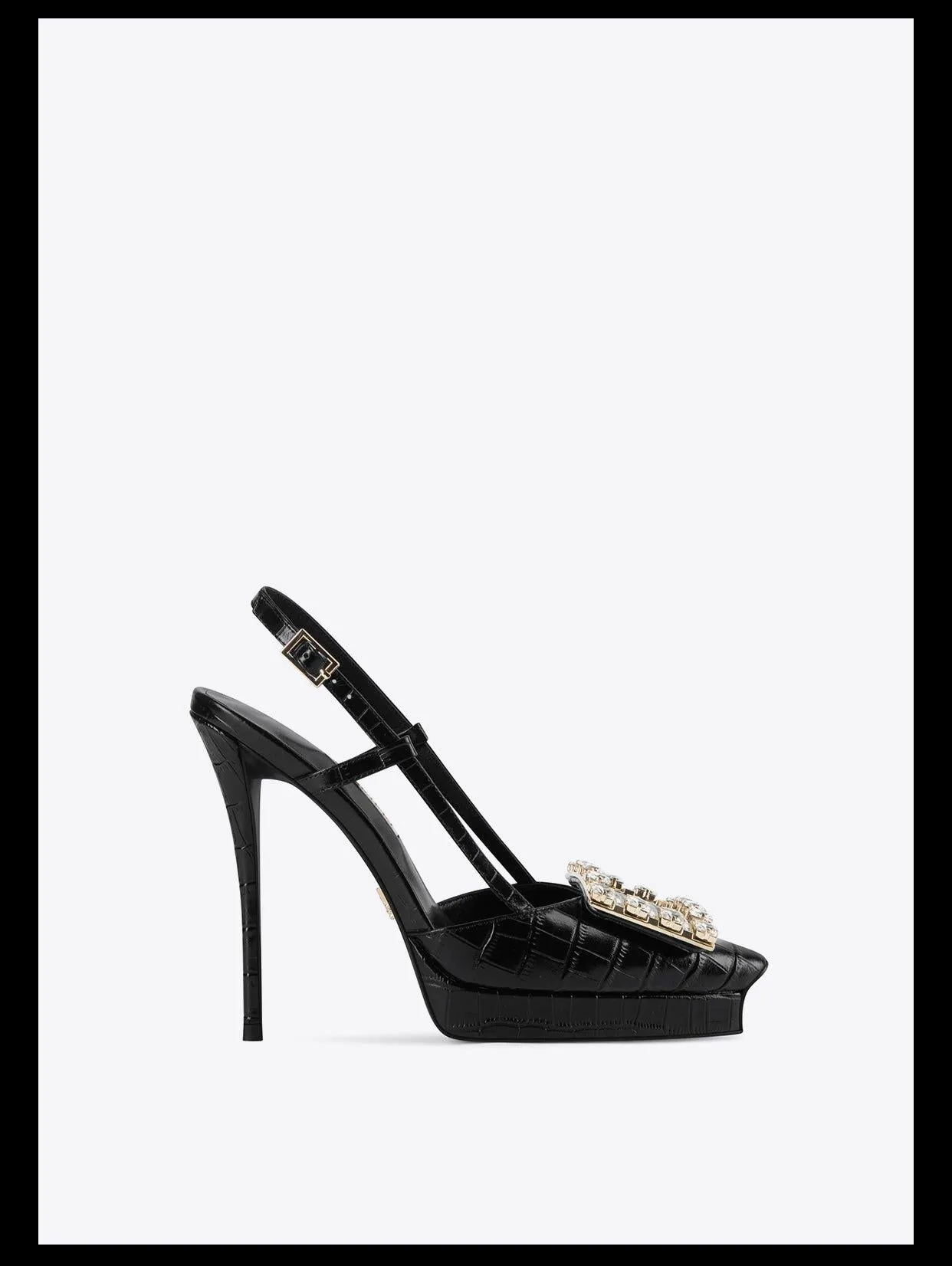Rhinestone square buckle stiletto high heel sling back black shoes pumps - Tabitha