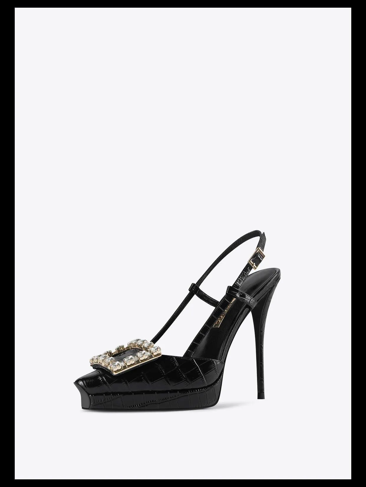 Rhinestone square buckle stiletto high heel sling back black shoes pumps - Tabitha
