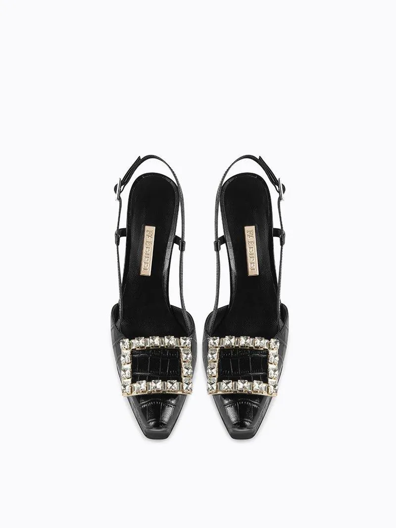 Rhinestone square buckle stiletto high heel sling back black shoes pumps - Tabitha