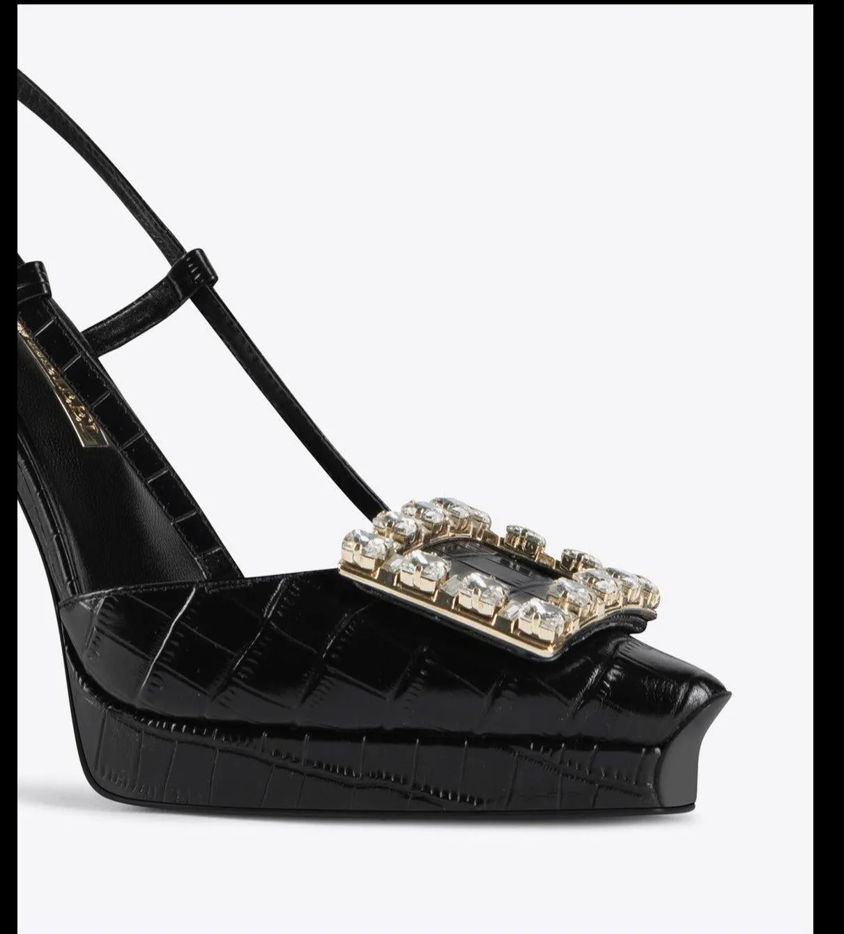 Rhinestone square buckle stiletto high heel sling back black shoes pumps - Tabitha