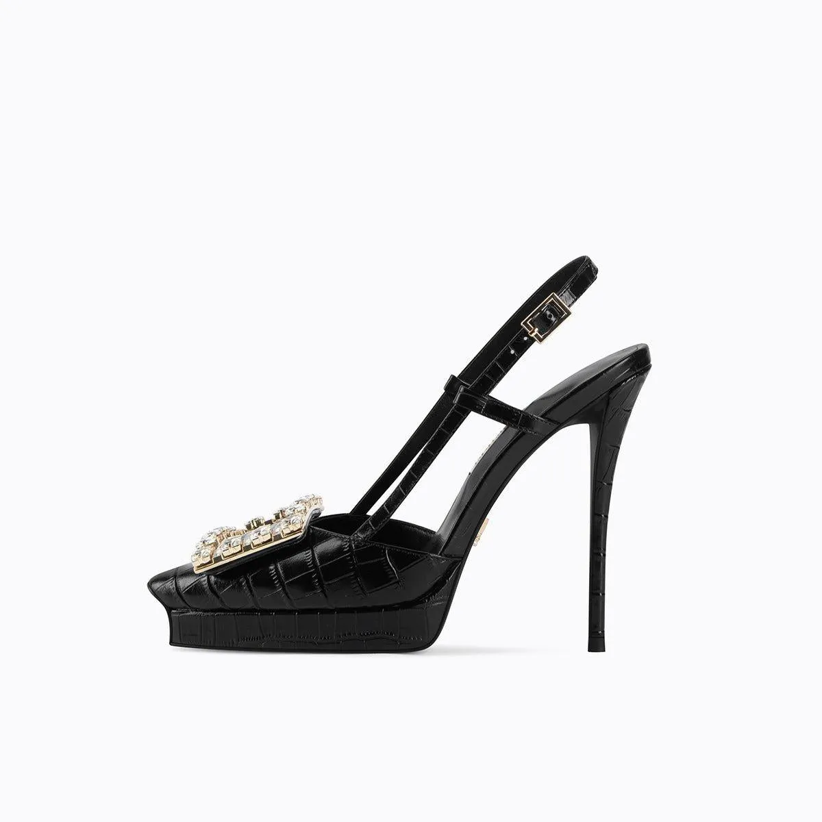 Rhinestone square buckle stiletto high heel sling back black shoes pumps - Tabitha
