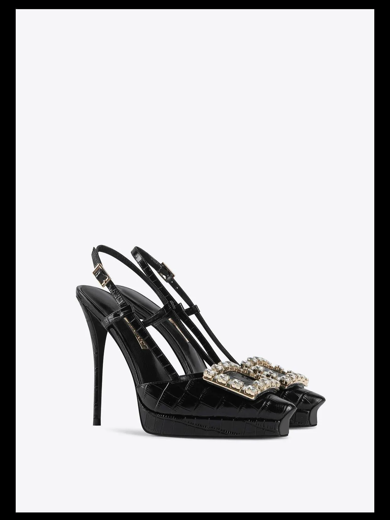 Rhinestone square buckle stiletto high heel sling back black shoes pumps - Tabitha