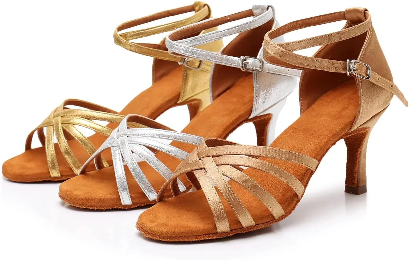 Rosefinch Women's Latin Dance Shoes Satin Professional Ballroom Salsa Practice Performance Wedding Dancing Shoes