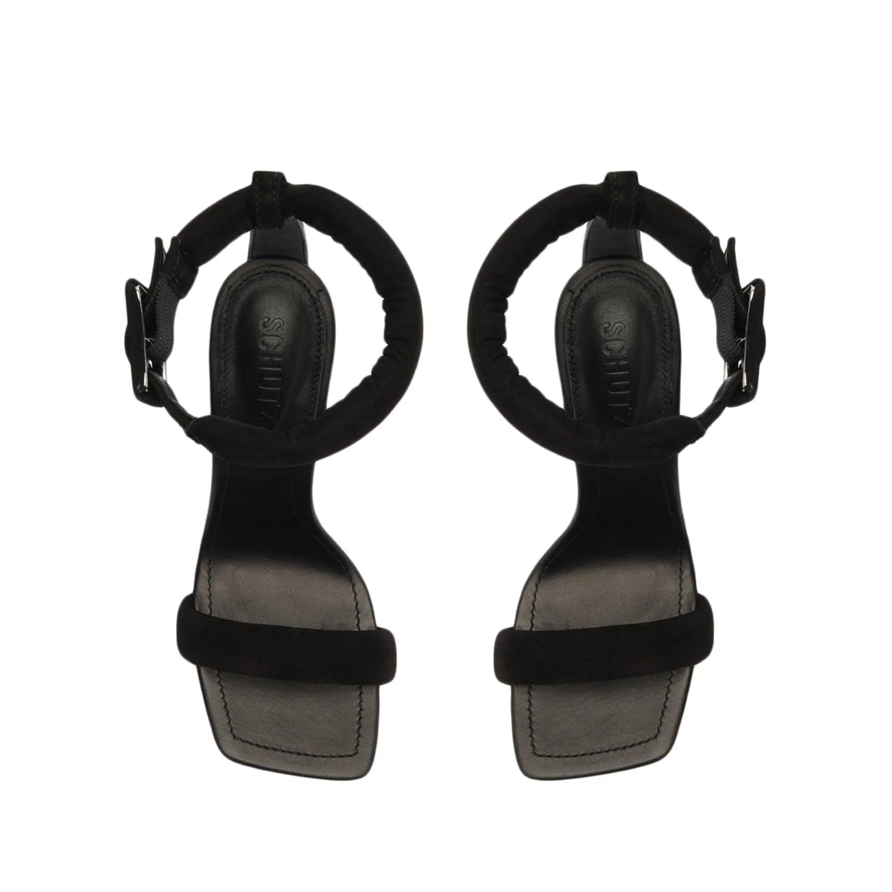 Schutz Gigih Black Nubuck Open Toe Flared High Heel Ankle Buckle Strap Sandals