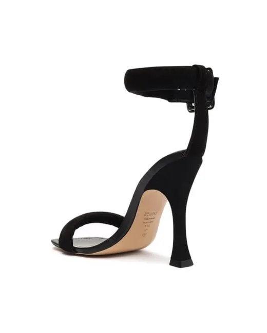 Schutz Gigih Black Nubuck Open Toe Flared High Heel Ankle Buckle Strap Sandals