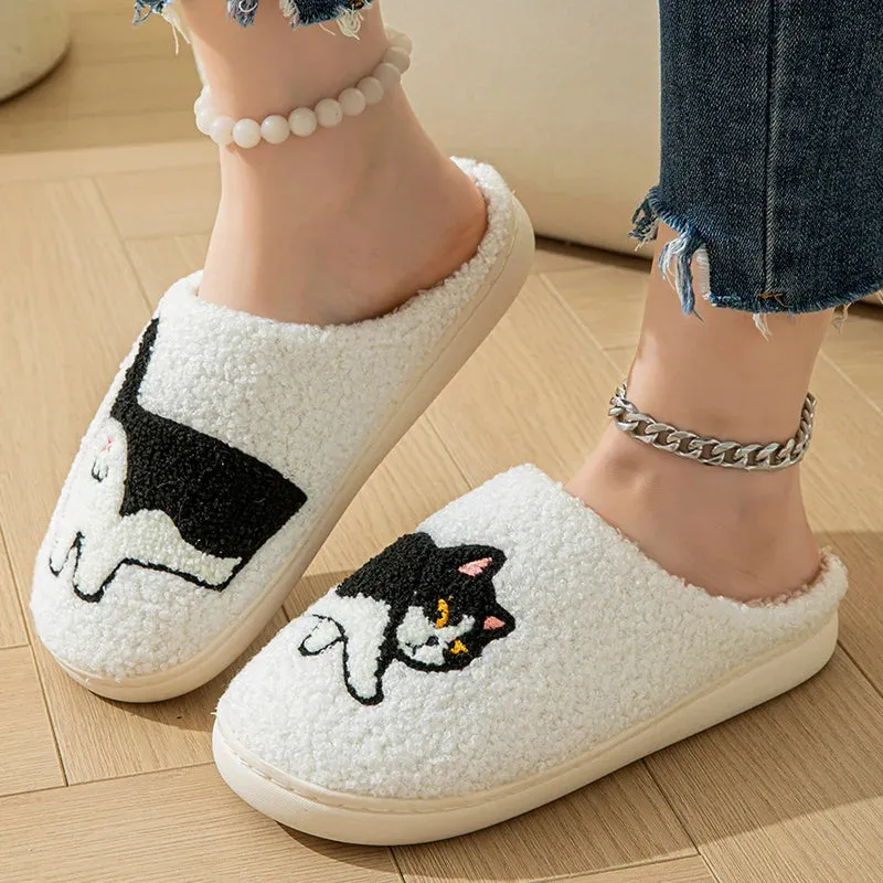 Sohiwoo House Slippers for Women Cozy Fluffy Cozy Home Cotton Shoes for Ladies Indoor Cute Cat Pattern Winter Slipper Female 45