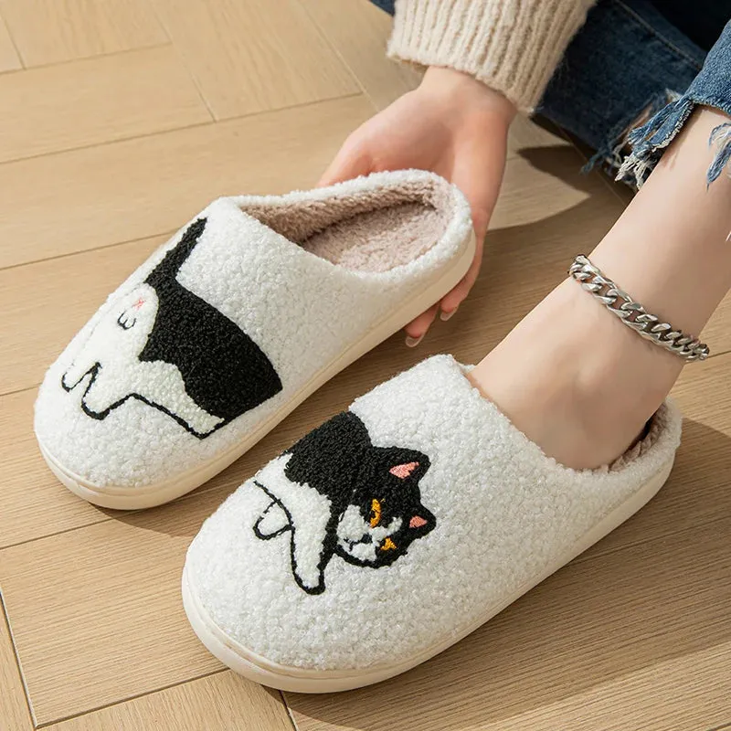 Sohiwoo House Slippers for Women Cozy Fluffy Cozy Home Cotton Shoes for Ladies Indoor Cute Cat Pattern Winter Slipper Female 45