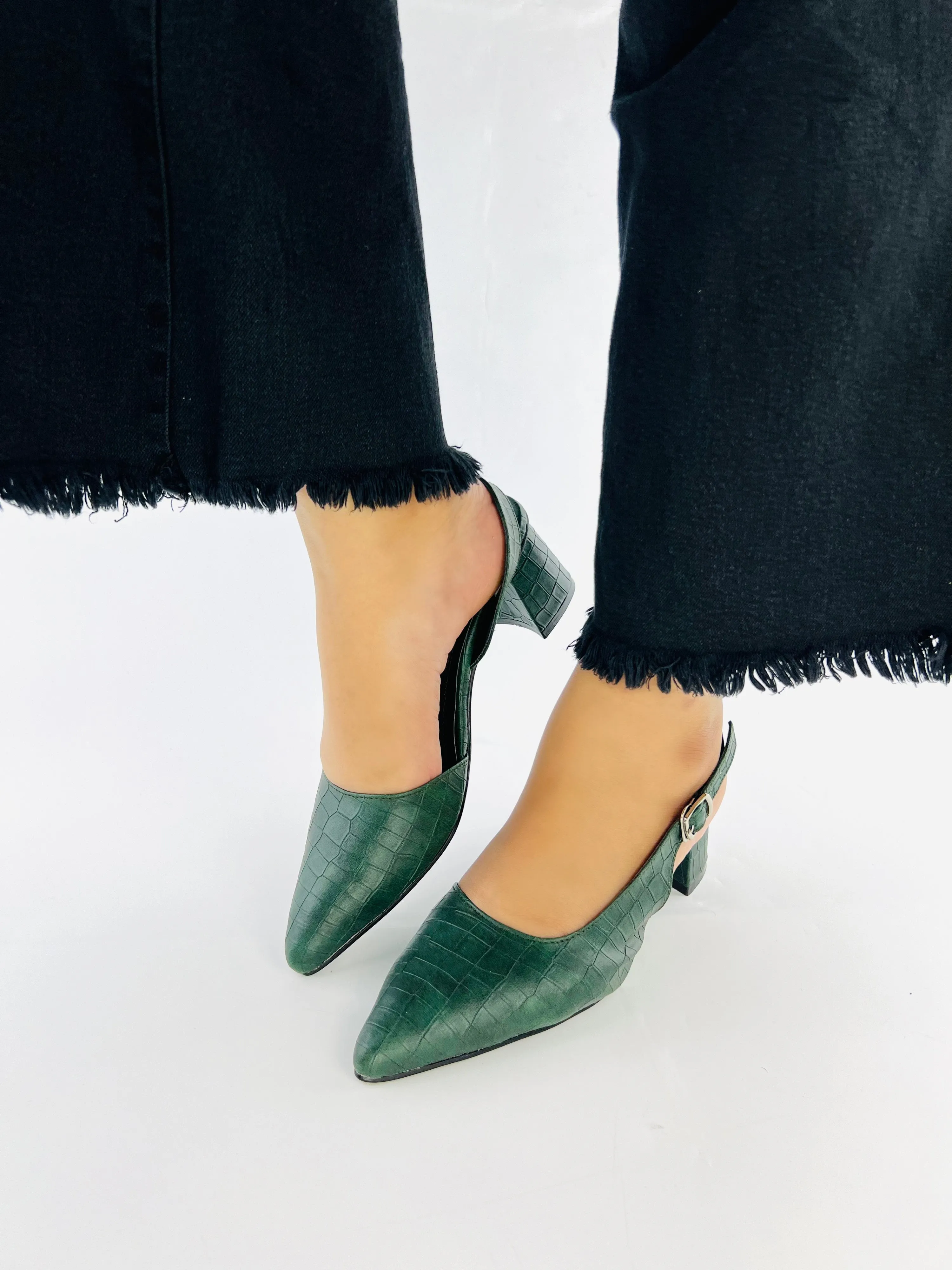 Spunkz Crocodile Embossed Green Leather Half Block Heel Sandals