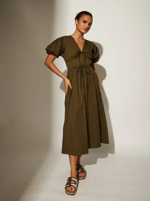 the ‘boma’ tie front midi dress  with puff sleeves in khaki