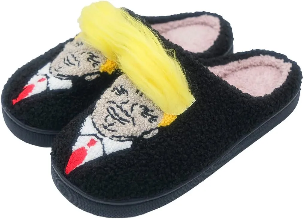 Trump Slippers With Hair - Funny Wig Cute Unisex House Fuzzy Shoes Animal Plush for Women & Men