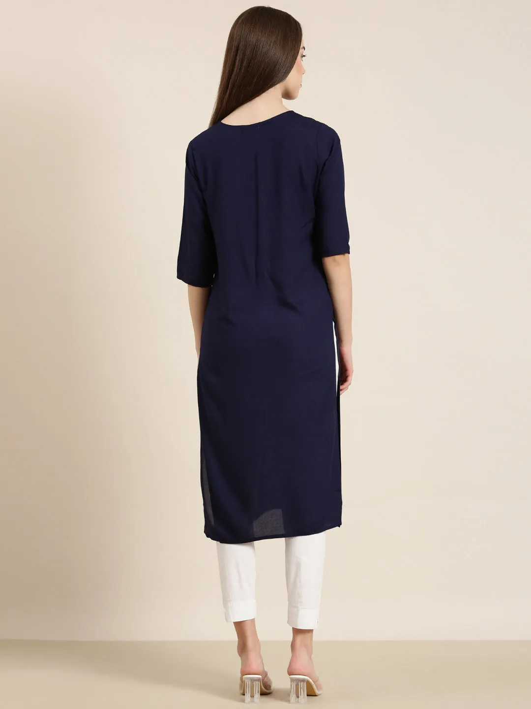 Women Navy Blue Solid Straight Kurta