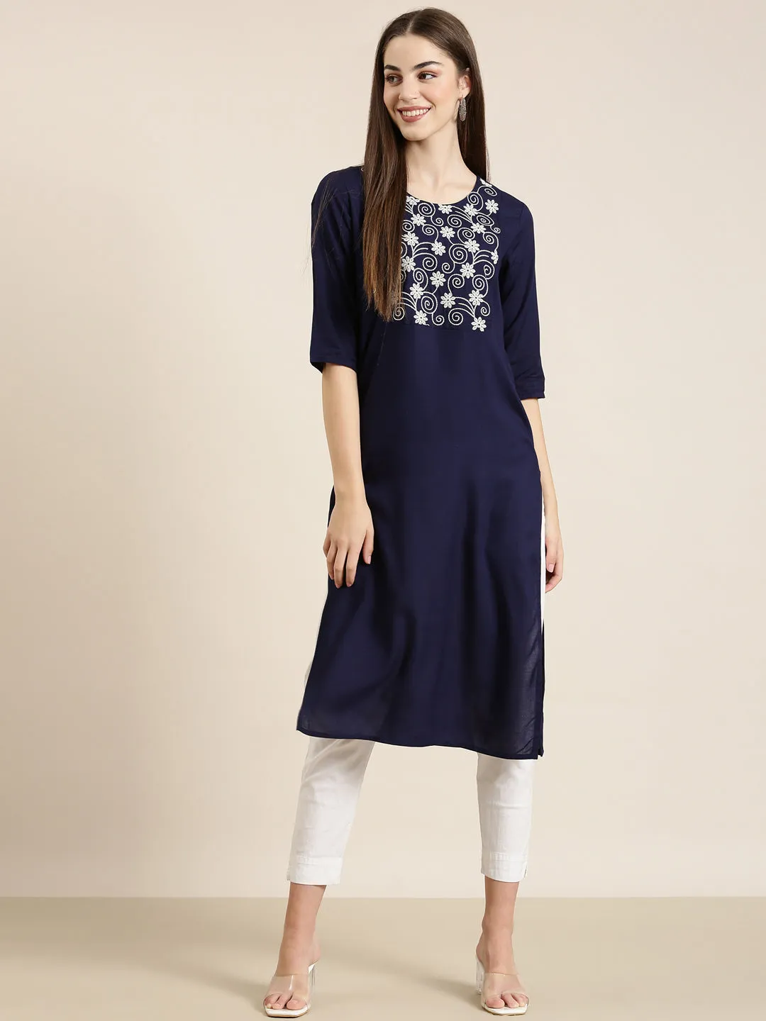 Women Navy Blue Solid Straight Kurta