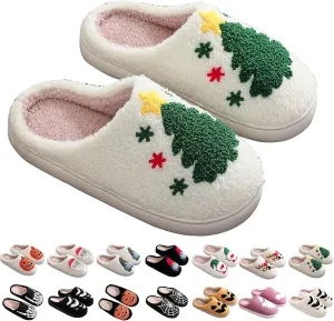 Womens Christmas Slippers Cozy Christmas Tree Slippers Soft Plush Animal Slippers Non-Slip Indoor Slip-on Slippers