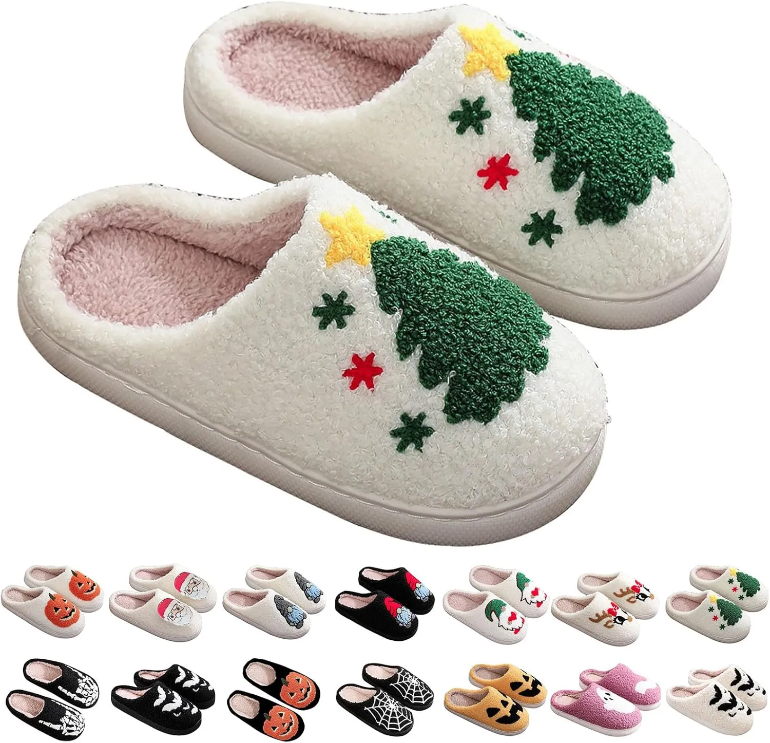 Womens Christmas Slippers Cozy Christmas Tree Slippers Soft Plush Animal Slippers Non-Slip Indoor Slip-on Slippers