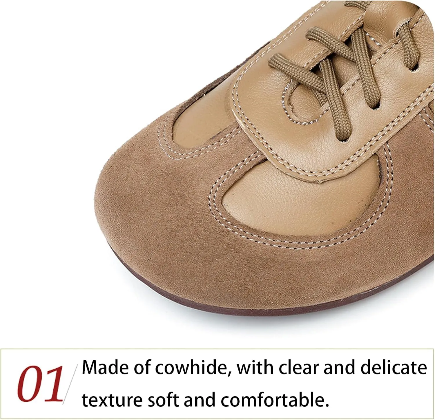Women's Genuine Leather Splicing Flat Sneakers Comfortable Round Toe Lightweight Non Slip Lace up Walking Shoes Soft Outdoor Workout Casual Shoes