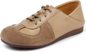 Women's Genuine Leather Splicing Flat Sneakers Comfortable Round Toe Lightweight Non Slip Lace up Walking Shoes Soft Outdoor Workout Casual Shoes