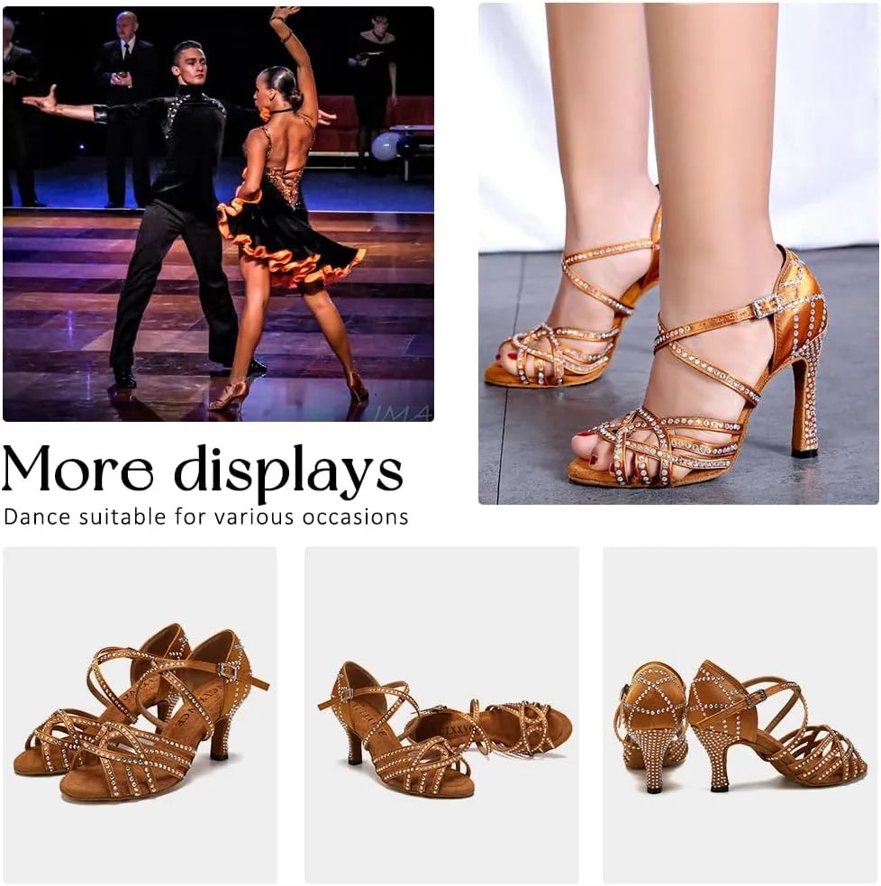 Women's Latin Dance Shoes Rhinestones Professional Ballroom Salsa Dance Shoes Suede Sole