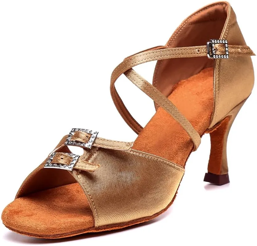 Women's Latin Dance Shoes Satin Ballroom Salsa Practice Dance Performance Shoes Suede Sole