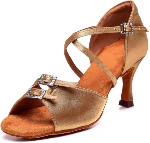 Women's Latin Dance Shoes Satin Ballroom Salsa Practice Dance Performance Shoes Suede Sole