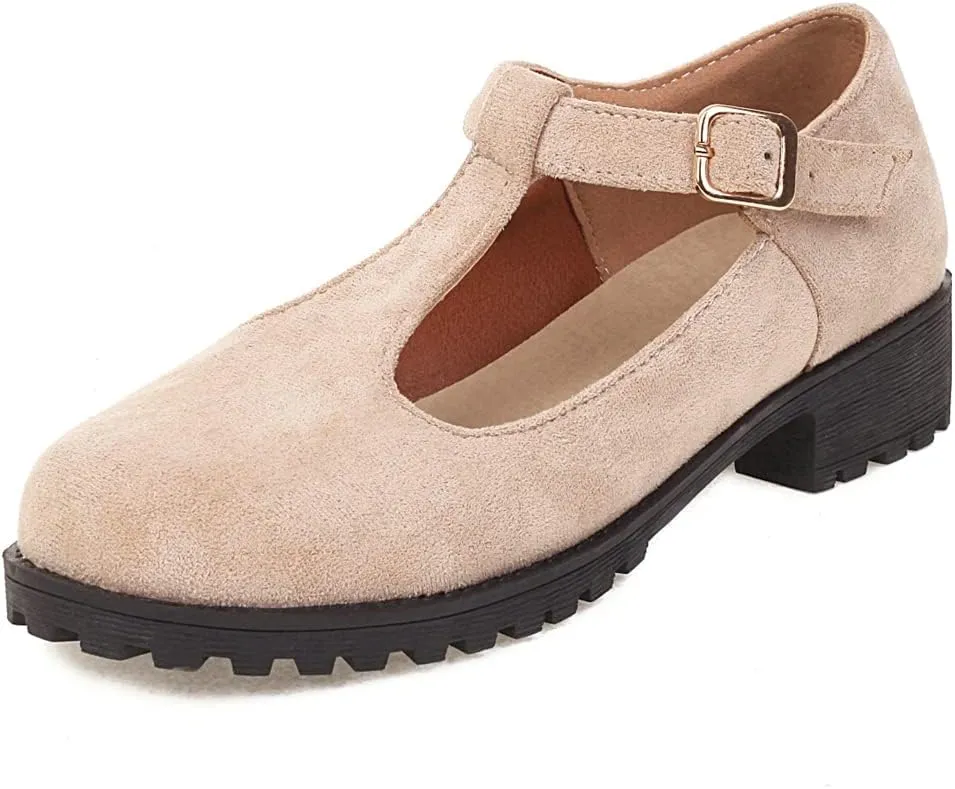 Women's Mary Jane T-Strap Loafers Flats Vintage Round Toe Suede Low Heel Girls Dress Oxford Shoes