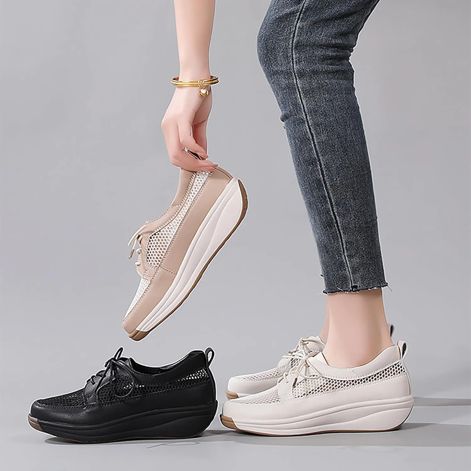 Women'S Mesh Lightweight Platform Leisure Sneakers Fashion Lace-Up Non-Slip Wedge Walking Shoes Suitable for Outdoor Travel Exercise