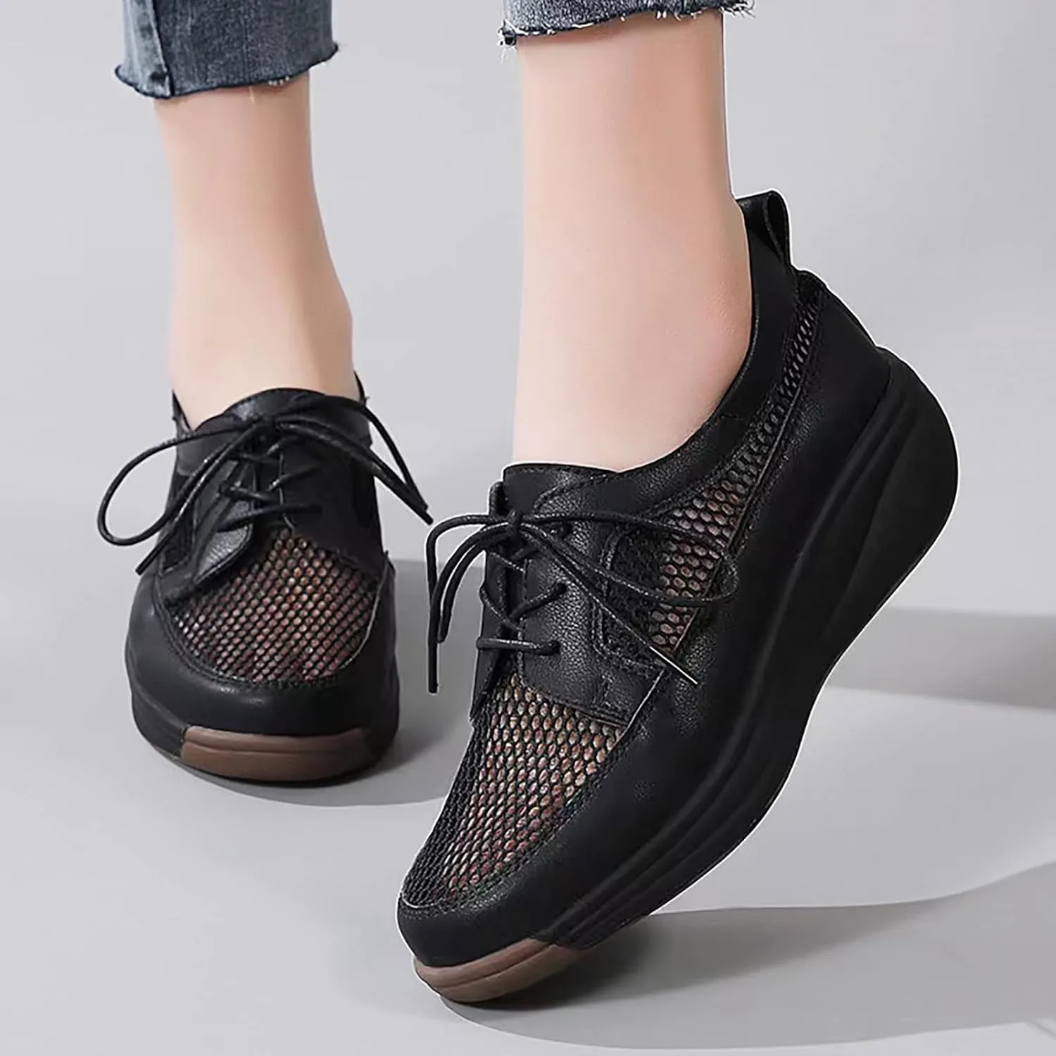 Women'S Mesh Lightweight Platform Leisure Sneakers Fashion Lace-Up Non-Slip Wedge Walking Shoes Suitable for Outdoor Travel Exercise