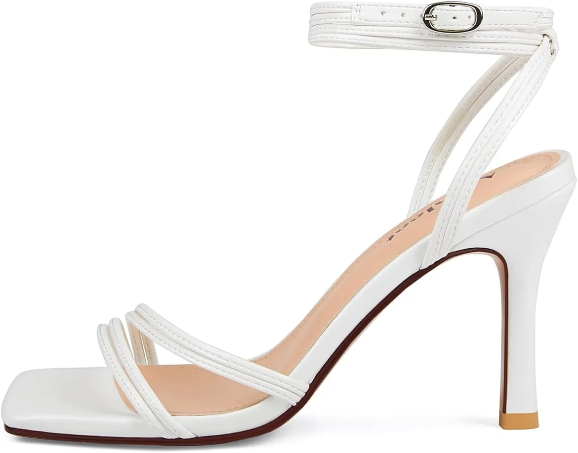 Women's Strappy High Heels Square Open Toe Stilettos Heeled Sandals with Ankle Strap for Prom Party Daily Wedding Wear