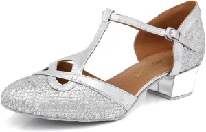 Women's Stylish Closed-Toe Synthetic Glitter Material Ballroom Tango Party Wedding Practice Professional Dance Shoes L341 Silver US 10