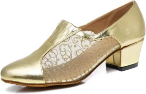Women's Stylish Round Toe Synthetic Ballroom Morden Tango Party Wedding Professional Dance Shoes Gold US 9