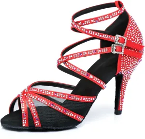 Women's Stylish Sparkle Rhinestones Peep Toe Satin Ballroom Jazz Party Wedding Practice Dance Shoes Red US 6.5