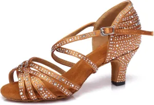 Women's Stylish Sparkle Rhinestones Peep Toe Satin Ballroom Jazz Party Wedding Practice Professional Dance Shoes Bronze US 4.5